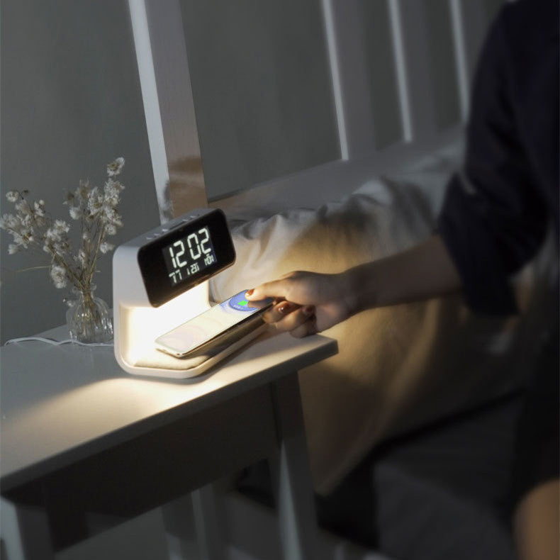 Creative 3 In 1 Bedside Lamp Wireless Charging LCD Screen Alarm Clock Wireless Phone Charger