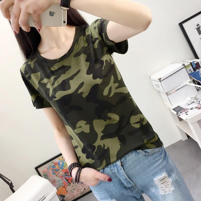 T-shirt Women's Bottoming Shirt Round Neck Camouflage Short-sleeved Slim Army Green Military Uniform