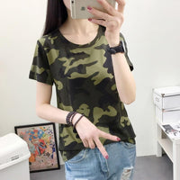 Thumbnail for T-shirt Women's Bottoming Shirt Round Neck Camouflage Short-sleeved Slim Army Green Military Uniform