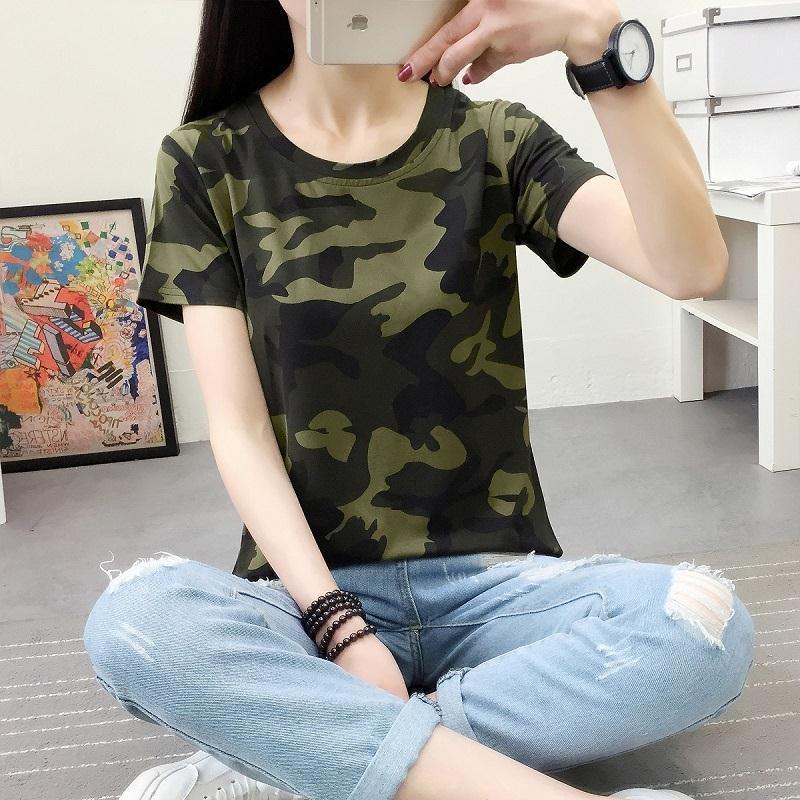 T-shirt Women's Bottoming Shirt Round Neck Camouflage Short-sleeved Slim Army Green Military Uniform
